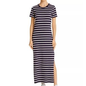 Tahari Ribbed Stretch Maxi Shirt Dress in Navy Stripe